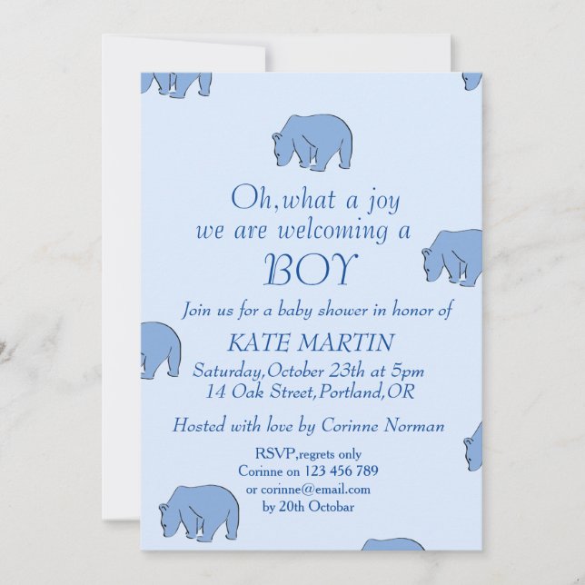 boy baby shower invitation card with blue bears (Front)