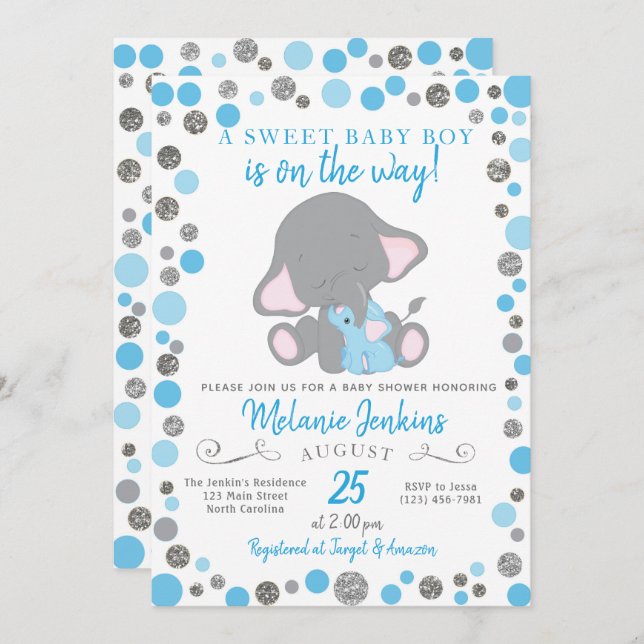 Boy Baby Shower Invitation, Elephant Baby Shower Invitation (Front/Back)