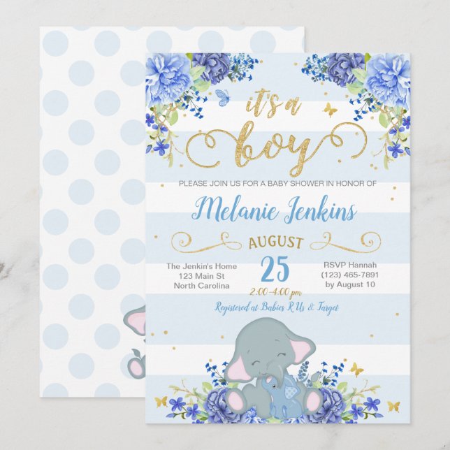 Boy Baby Shower Invitation, Elephant Baby Shower Invitation (Front/Back)