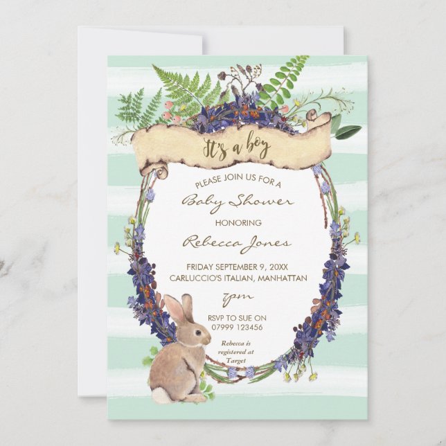 boy baby shower invitation forest rabbit bunny (Front)