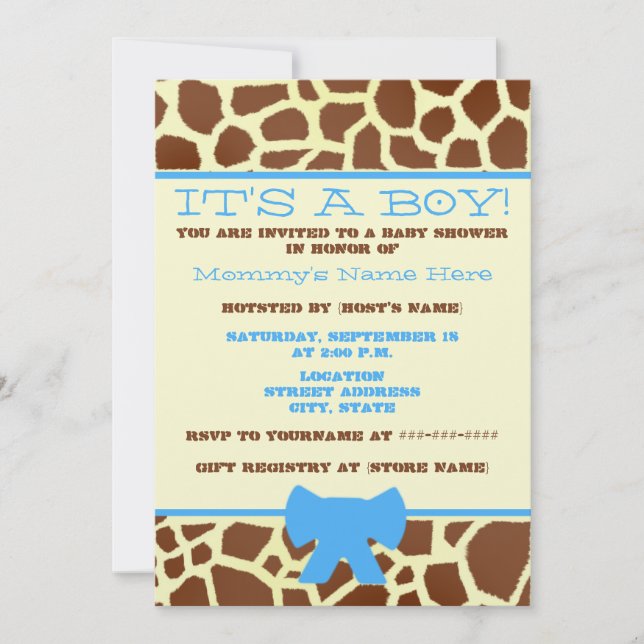 Boy Baby Shower Invitation - Giraffe Print & Blue (Front)