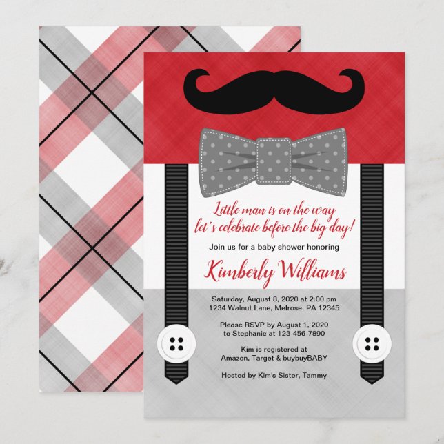 boy baby shower invitation little man red grey (Front/Back)