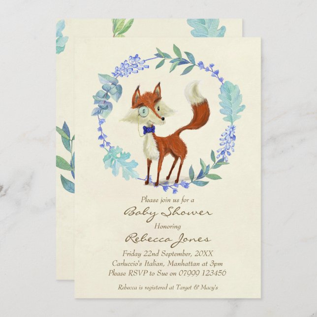 boy baby shower invitation woodland fox blue (Front/Back)