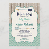 Boy baby shower invitations, tribal arrow teal