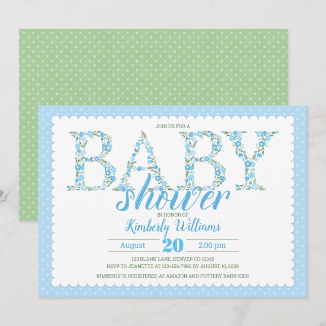 boy baby shower invitaton floral blue green invitation (Front/Back)