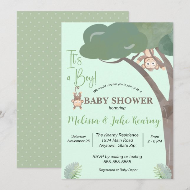 BOY BABY SHOWER, MONKEY BABY SHOWER INVITATION (Front/Back)