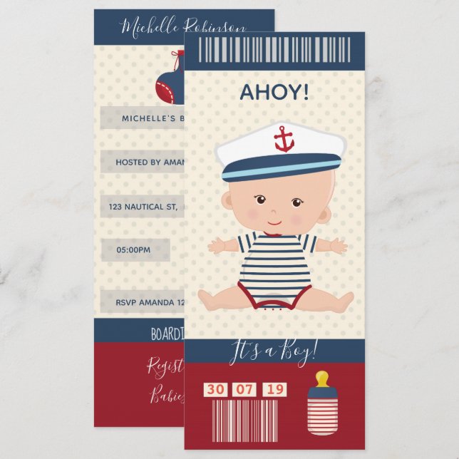 Boy Baby Shower Nautical Boarding Pass Ticket Invitation (Front/Back)