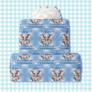 Boy Baby Shower or Newborn Elephant Add Name Wrapping Paper
