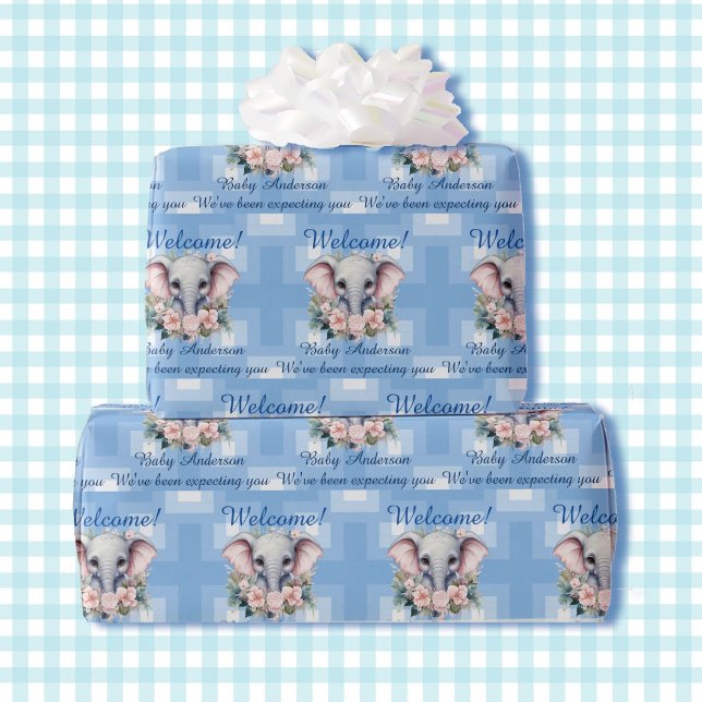 Boy Baby Shower or Newborn Elephant Add Name Wrapping Paper (Creator Uploaded)