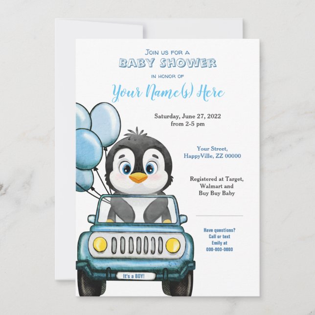Boy Baby Shower Penguin in Car Invitation (Front)