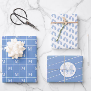Boy Baby Shower Personalised Monogram Footprint  Wrapping Paper Sheet
