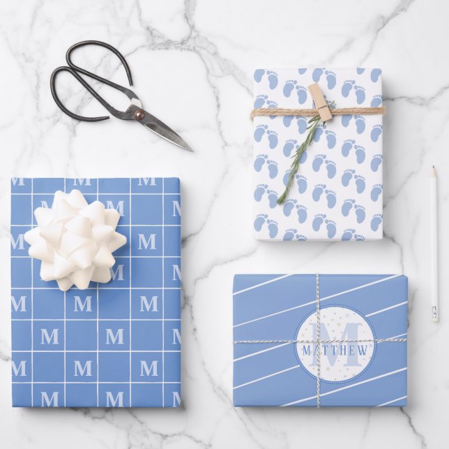 Boy Baby Shower Personalised Monogram Footprint  Wrapping Paper Sheet (Front)