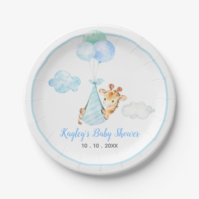 Boy Baby Shower Plates - Giraffe with Balloon (Front)