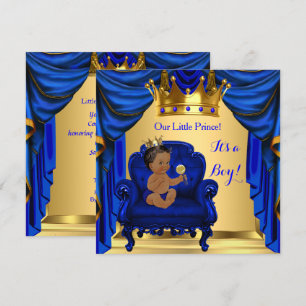 Boy Baby Shower Prince Royal Blue Gold Dark Skin Invitation
