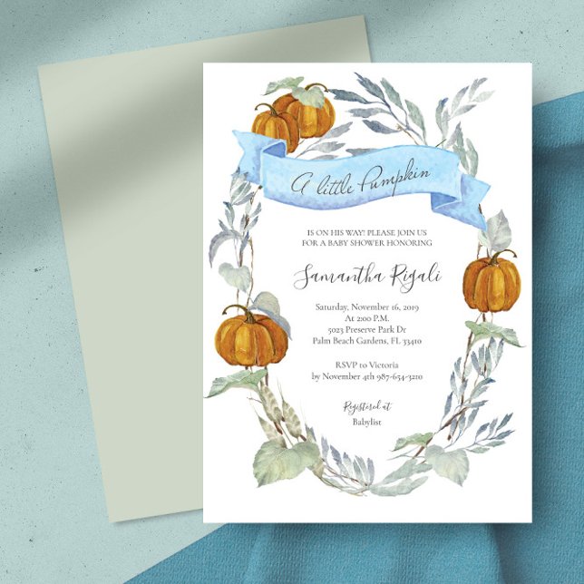 Boy Baby Shower Pumpkin Greenery Invitation (pumpkin baby boy shower invitations )