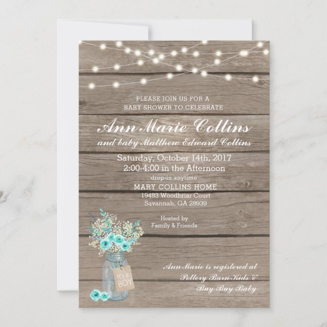 Boy Baby Shower Rustic Babys Breath String Lights Invitation (Front)