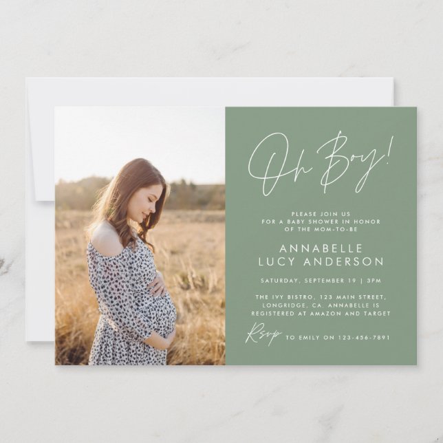 Boy baby shower script green elegant  photo invitation (Front)