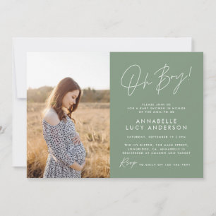 Boy baby shower script green elegant photo invitation