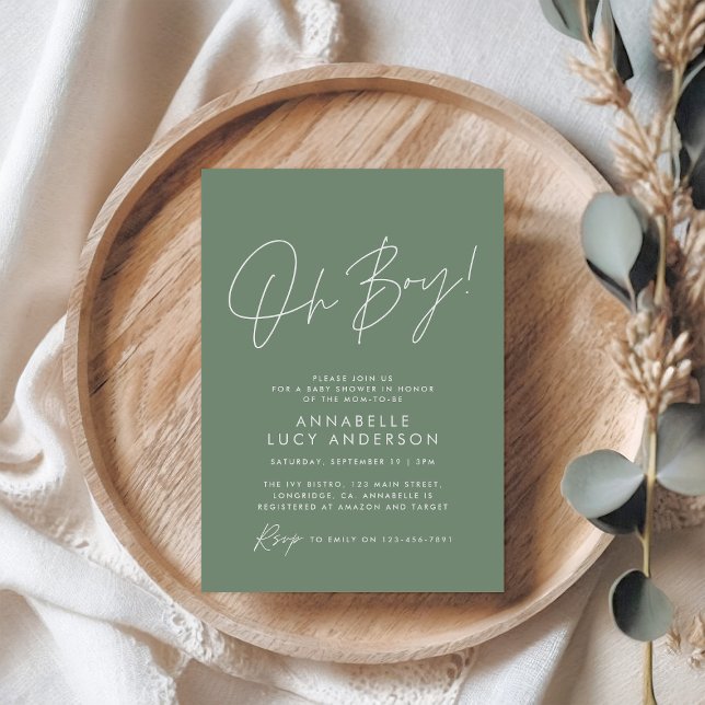 Boy baby shower script modern sage green elegant  invitation (Creator Uploaded)