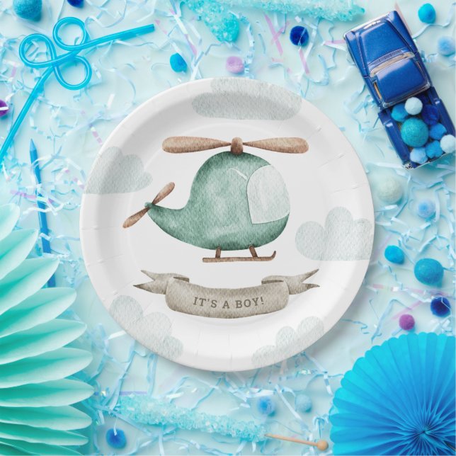 Boy Baby Shower. Soft Watercolor Travel Helicopter Paper Plate (Party)