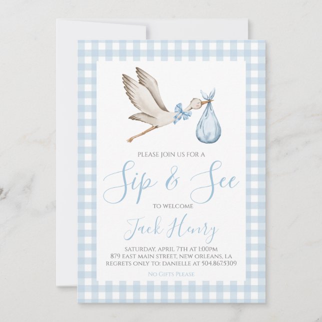 Boy Baby Shower Southern Sip & See Blue Stork Invitation (Front)