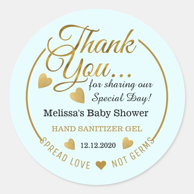 Boy Baby Shower Spread Love Sanitizer Favour Blue Classic Round Sticker (Front)
