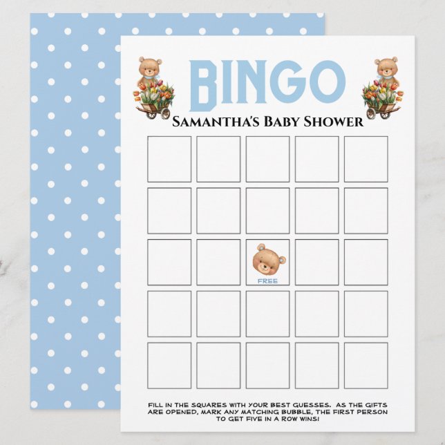 Boy Baby Shower Teddy Floral Blue Bingo Invitation (Front/Back)