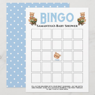 Boy Baby Shower Teddy Floral Blue Bingo Invitation