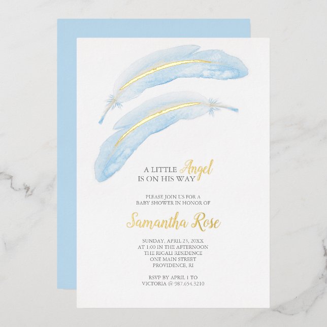 Boy Baby Shower Watercolor Blue Feather (Front/Back)