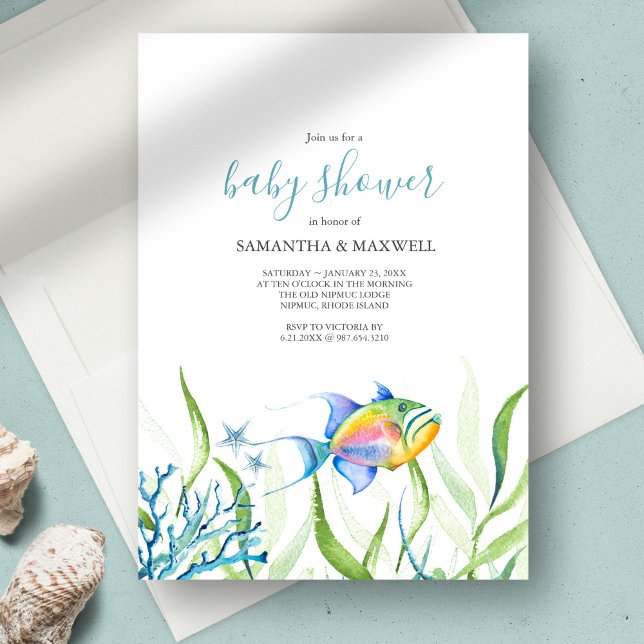 Boy Baby Shower Watercolor Cute Fish Invitation (Boy Baby Shower Invitations Watercolor Cute Tropical Fish art and design by Victoria Grigaliunas)