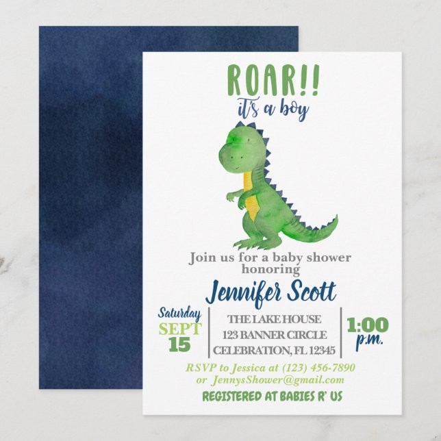 Boy Baby Shower Watercolor Dinosaur Invitation (Front/Back)