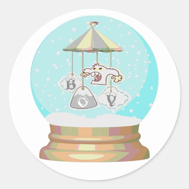 Boy baby shower winter yeti snow globe blue grey classic round sticker (Front)