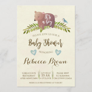 boy baby shower woodland forest bear cute invitation