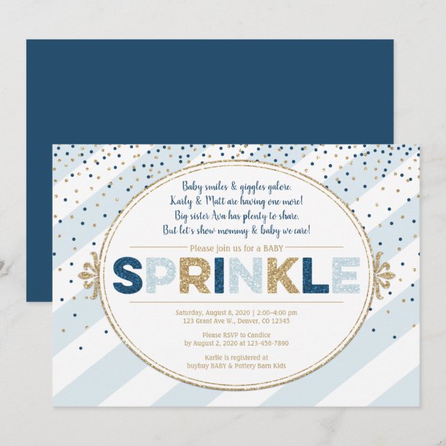 Boy baby sprinkle invitation navy blue gold stripe (Front/Back)