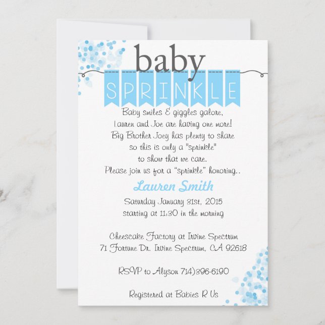 Boy Baby Sprinkle Invitations - Blue Baby Sprinkle (Front)
