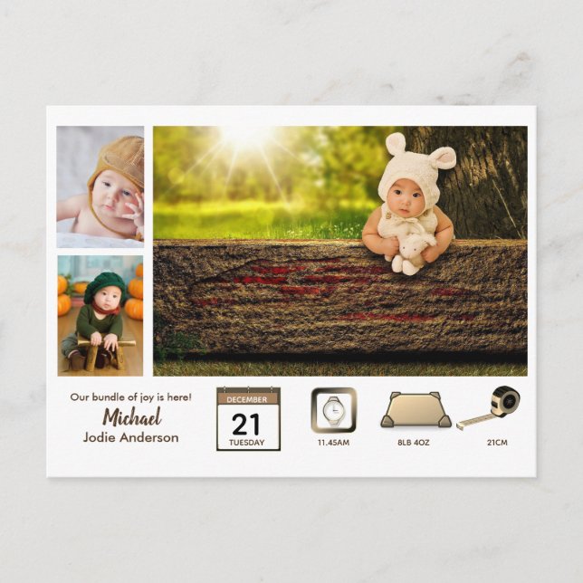 BOY BABY STATS Photo Collage Modern Rustic Postcard (Front)