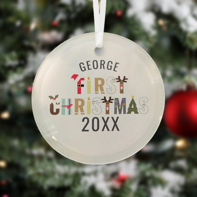 Boy Baby's First Christmas Glass Ornament (Add your name to this cute first Christmas ornament. Makes a lovely keepsake)