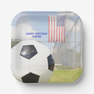 Boy  Ball on Field American Flag Soccer Birthday  Paper Plate
