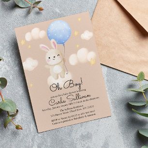 Boy Balloon Cute Brown Bunny Baby Shower  Invitation