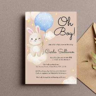Boy Balloon Cute Brown Bunny Baby Shower Invitation