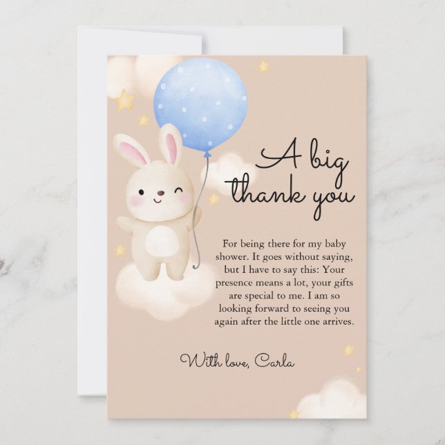 Boy Balloon Cute Brown Bunny Baby Shower Thank You Card (Front)