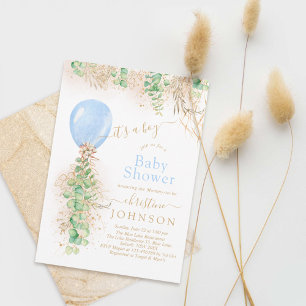 Boy Balloon Eucalyptus Gold Glitter Baby Shower Invitation