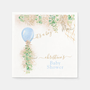 Boy Balloon Eucalyptus Gold Glitter Baby Shower Napkin