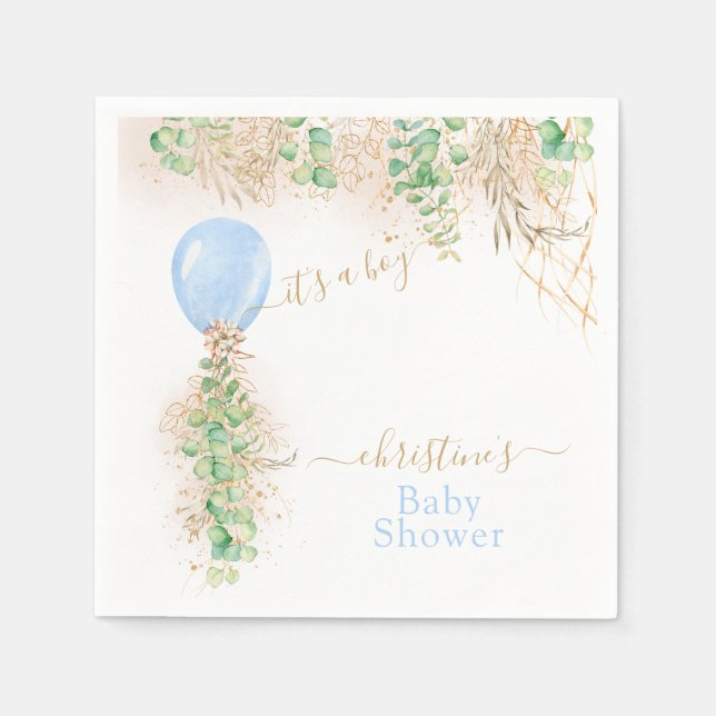 Boy Balloon Eucalyptus Gold Glitter Baby Shower Napkin (Front)