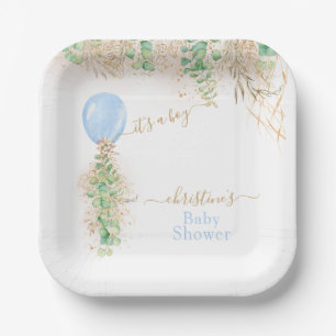 Boy Balloon Eucalyptus Gold Glitter Baby Shower Paper Plate