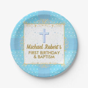 Boy Baptism 1st Birthday Blue Gold Text Polka Dot Paper Plate