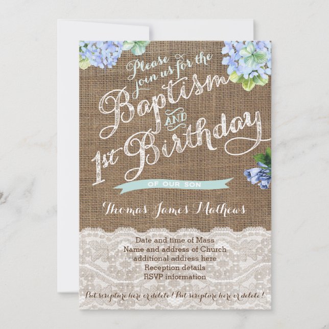 boy baptism and 1st birthday, blue floral invites (Front)