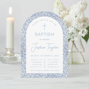 Boy Baptism Arch Blue White Floral Vintage Pattern Invitation