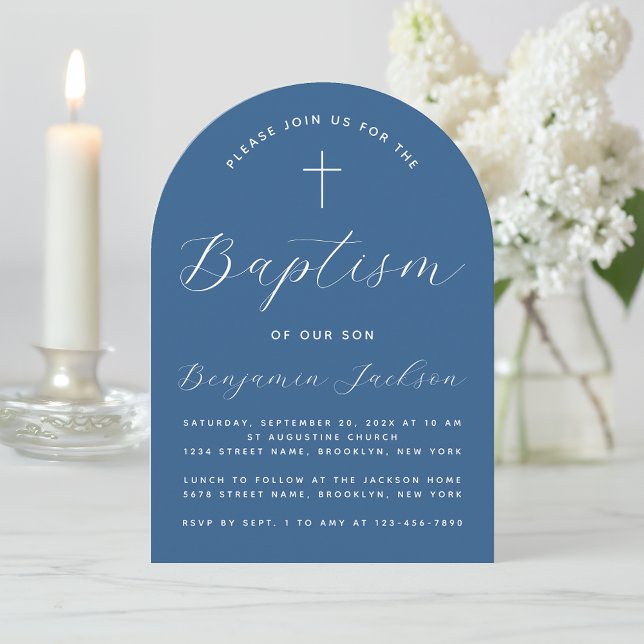 Boy Baptism Arch Classic Blue White Script & Cross Invitation (Creator Uploaded)