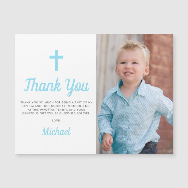 Boy Baptism Birthday Photo Thank You Magnet Card (Front)